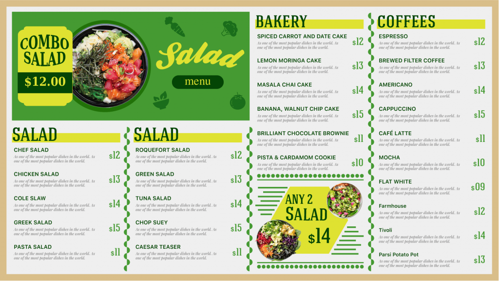 menu boards for salad menu combo