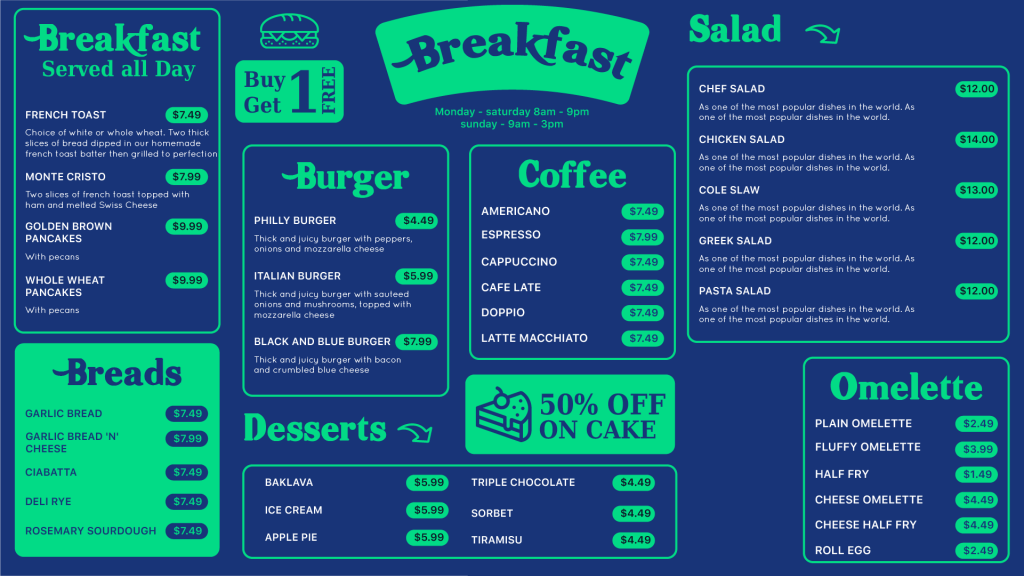 Breakfast menu on digital display screen
