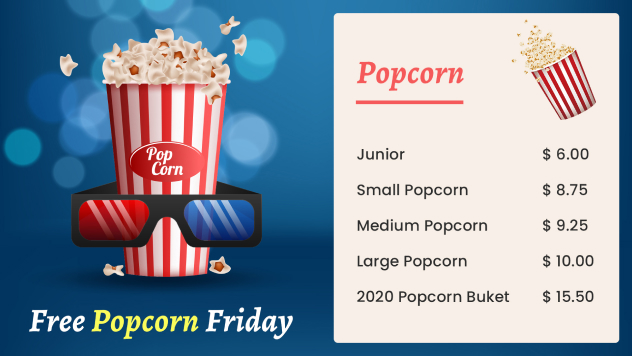 cinema food court menu boards popcorn