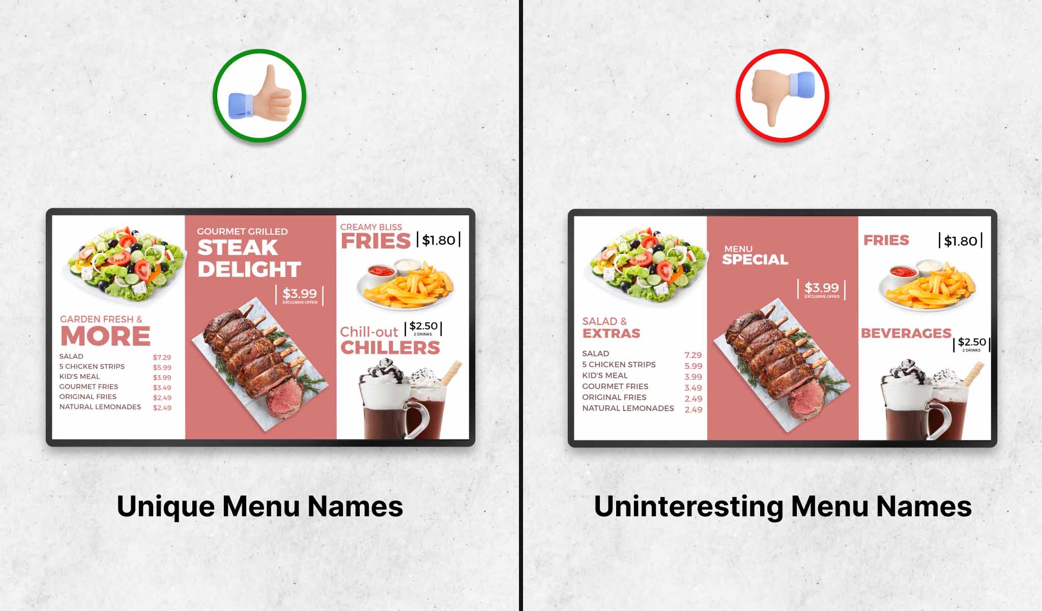 give modern food menu name in restaurant display