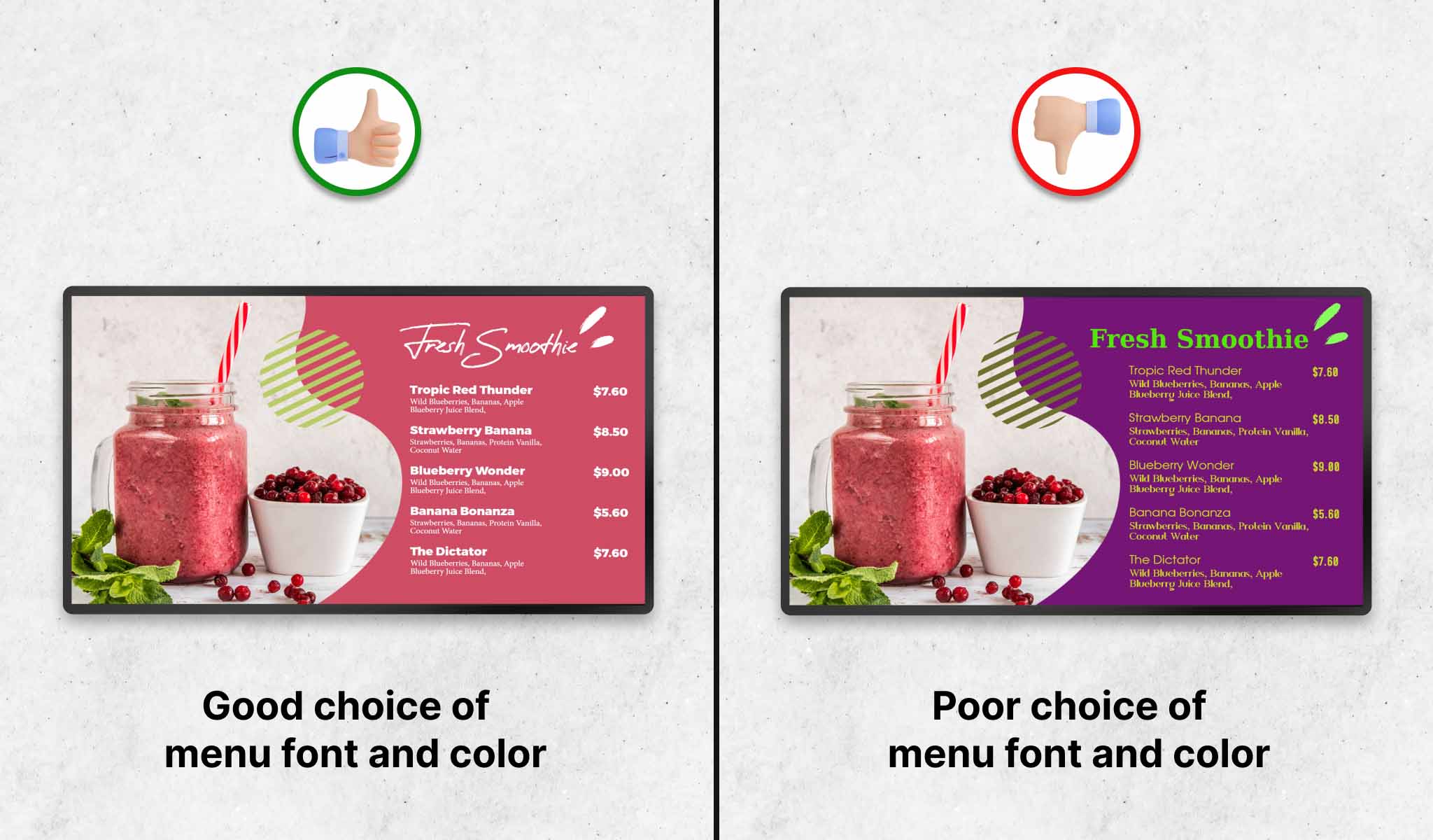 proper font and theme color in menu boards templates