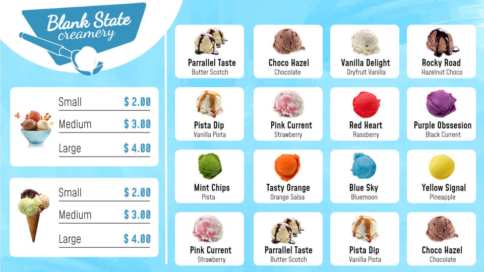 ice cream store digital signage menu