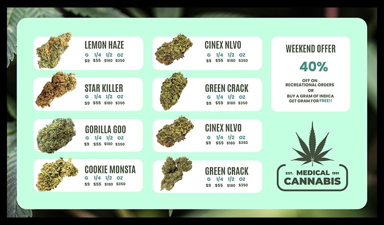 cannabis dispansaries tv screen menu