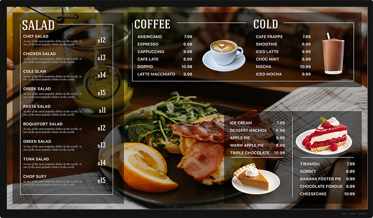 coffee cafe tv screen menu