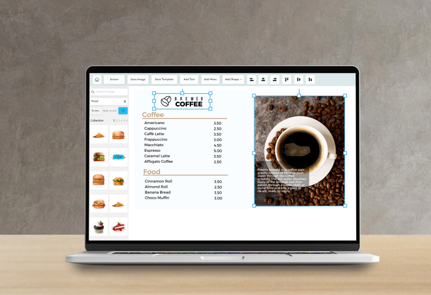 coffee tv screen menu editor