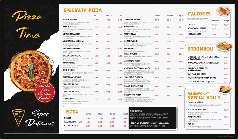 special pizza menu display screen