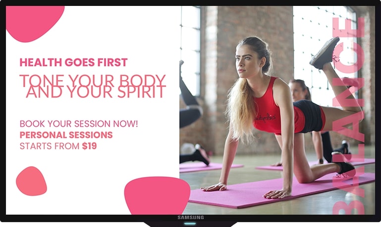 yoga classes promotion on gym tv screen