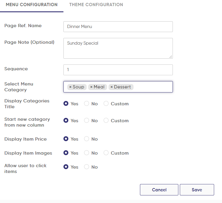 digital menu configuration